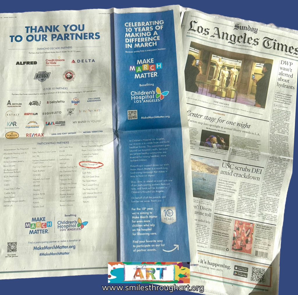 Smiles Through Art (@smilesthroughar) on Twitter photo Smiles Through Art In today’s print edition of Los Angeles Times newspaper! Feature Make March Matter CHLA partners. 💚💛❤️💙@smiles_through_art @childrensla <a href="/latimes/">Los Angeles Times</a> <a href="/getinvolvedchla/">Get Involved @ CHLA</a> #arts #getinvolvedchla #artsinhealthcare #healthcare @sharonpersovski #CHLA #nonprofits #health Smiles Through Art In today’s print edition of Los Angeles Times newspaper! Feature Make March Matter CHLA partners. 💚💛❤️💙@smiles_through_art @childrensla <a href="/latimes/">Los Angeles Times</a> <a href="/getinvolvedchla/">Get Involved @ CHLA</a> #arts #getinvolvedchla #artsinhealthcare #healthcare @sharonpersovski #CHLA #nonprofits #health