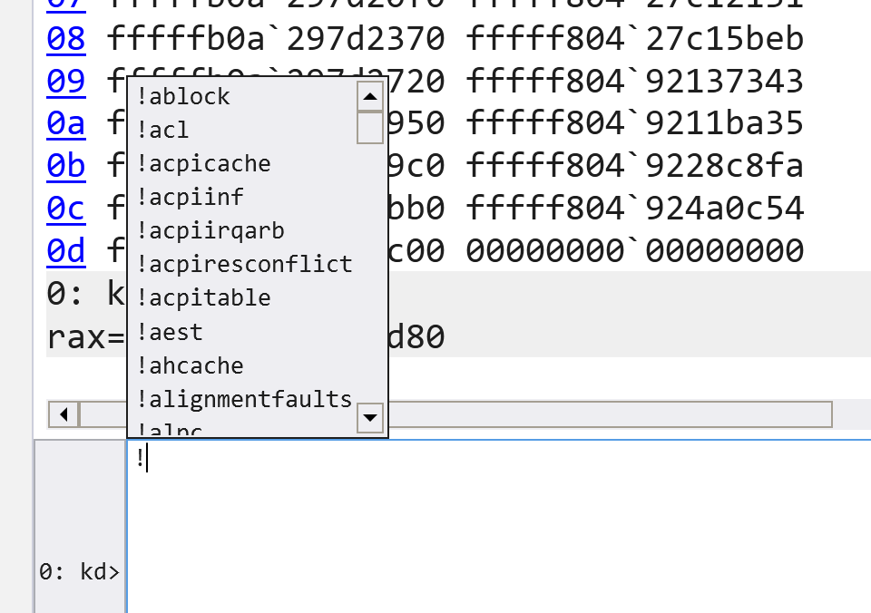 yarden_shafir's tweet image. In the new version windbg opens a suggestions box when you type &quot;!&quot; with all the optional extensions