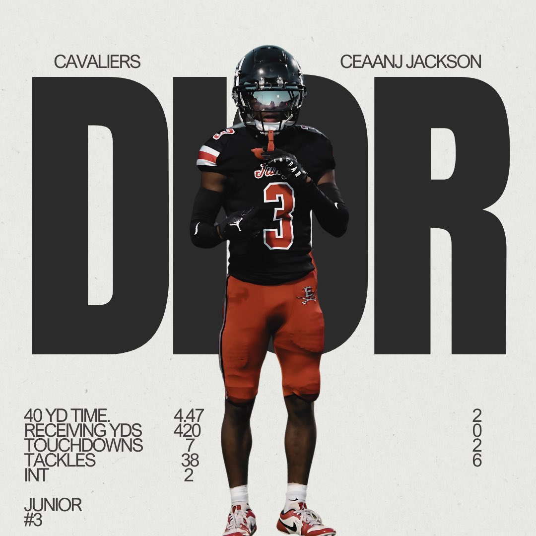 ERHS Cavalier Football (@cavalier_fb) on Twitter photo CJ Jackson, #3 WR/CB
<a href="/ceaanj1/">ceaanj jackson</a>
๐๐พโโ๏ธ 4.47 40yd time
๐ 960 receiving yards / 420 last yr
๐10 receiving TDs / 1 rushing TD
๐103 tackles / 2INT / 3FR / 10TFL
๐2xAll Conference / All County
โ๏ธTwo Way Varsity Starter (WR/CB)
๐Great Student
๐๐พโโ๏ธ2 sport Athlete
#RecruitTheJungle CJ Jackson, #3 WR/CB
<a href="/ceaanj1/">ceaanj jackson</a>
๐๐พโโ๏ธ 4.47 40yd time
๐ 960 receiving yards / 420 last yr
๐10 receiving TDs / 1 rushing TD
๐103 tackles / 2INT / 3FR / 10TFL
๐2xAll Conference / All County
โ๏ธTwo Way Varsity Starter (WR/CB)
๐Great Student
๐๐พโโ๏ธ2 sport Athlete
#RecruitTheJungle