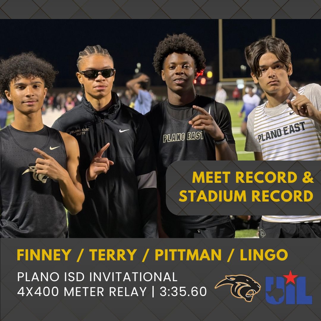 Plano East Cross Country / Track & Field (@planoeastxctf) on Twitter photo It was a great day to break some records‼️
D’Shawn, Malachi, Kariem & Anthony broke the JV 4x400m relay Plano ISD Invitational 12 yr meet record & the Tom Kimbrough 15 yr stadium record 💨🐾💛🖤
<a href="/EastPanthers1/">Plano East Senior High School Panthers</a> <a href="/PESH_Athletics/">Plano East Panthers</a> <a href="/CoachReedXCTF/">Robert Reed</a> It was a great day to break some records‼️
D’Shawn, Malachi, Kariem & Anthony broke the JV 4x400m relay Plano ISD Invitational 12 yr meet record & the Tom Kimbrough 15 yr stadium record 💨🐾💛🖤
<a href="/EastPanthers1/">Plano East Senior High School Panthers</a> <a href="/PESH_Athletics/">Plano East Panthers</a> <a href="/CoachReedXCTF/">Robert Reed</a>