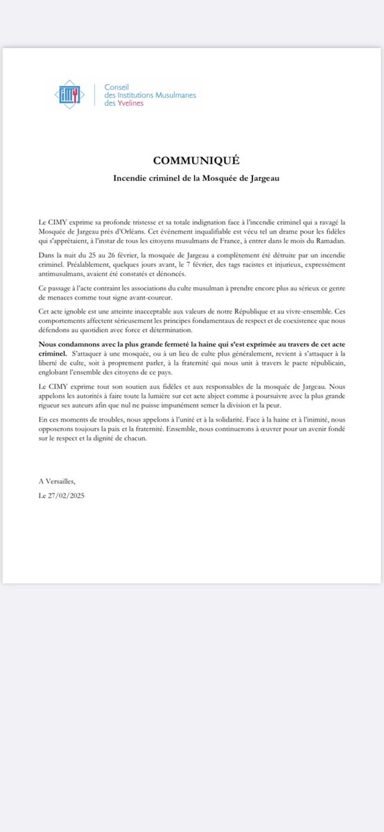 Communiqué de condamnation du CIMY suite à l’incendie de la mosquée de Jargeau