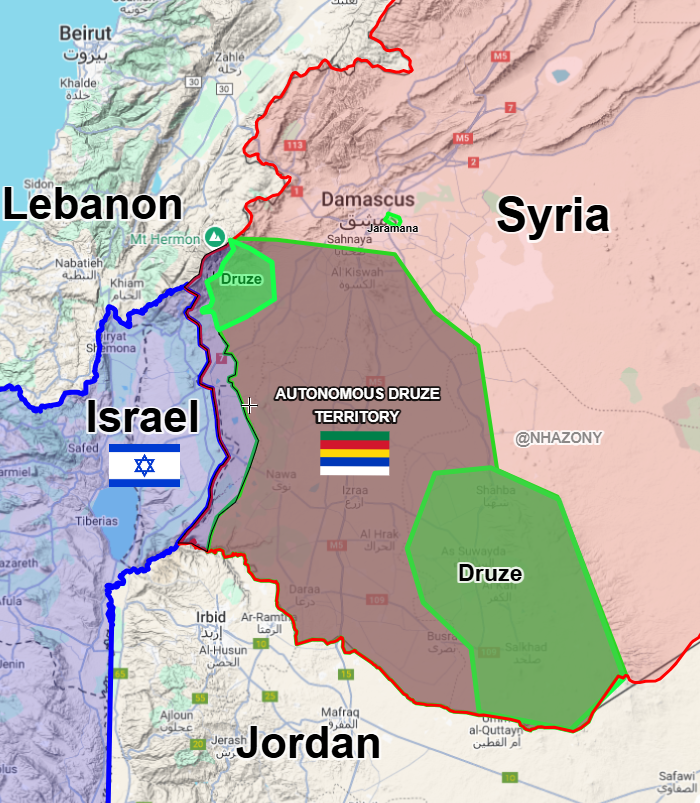 tparsi's tweet photo. Israel is using the Druze and the Kurds as a pretext to tear Syria apart. This is consistent with longstanding Israeli doctrine. 

In the 1950s, the doctrine of the periphery was put in place by Ben Gurion. Israel's security was to be ensured by creating alliances with the non-Arab and non-Muslim minorities in Israel's periphery in order to balance the Arab states in Israel's vicinity. The most important non-Arab potential allies of Israel were Ethiopia, Turkey, and Iran. But Israel also tried to strike alliances with non-Arab/Muslim minorities throughout the region: Kurds in Iraq and Syria, Maronites in Lebanon, and of course the Druze. 

A disintegrated Syria, with a client-Druze state on Israel's border and a Kurdish state further north would suit Israel quite well. Slicing up existing Arab states into smaller states would make it easier for Israel to establish and sustain military hegemony over the region.

A similar plan has long been in existence for Iran as well. After defeating it military, the country would be sliced up into smaller states, with minority dominated regions in the border areas declaring independence. This is not solely an Israeli plan. Tariq Aziz, the former foreign minister of Saddam Hussein, publicly stated that "six small Irans" would be better than one big Iran.

This is why the close collaboration of some Iranian exile opposition groups with Israel is so dangerous to Iran's future territorial integrity and independence.

It is also important to understand what this means for the region: Beyond the instability caused by slicing states apart, an Israeli strategy of regional dominance requires a certain level of constant instability in order to ensure that no state or coalition of states with the capacity to challenge Israel's hegemony ever emerges. 

Thus, just as American hegemony entailed constant and intensifying instability in the Middle East, Israeli hegemony (or effort to establish hegemony) will probably provide an even greater level of violence and discord. //