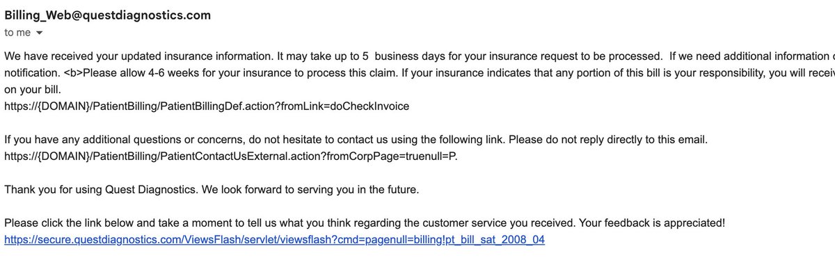 garreananth's tweet photo. Hey @QuestDX, maybe diagnose your own billing emails first—broken feedback link, unclear instructions, and missing details. Customers shouldn't have to play detective! https://t.co/i9yd7vVuaB