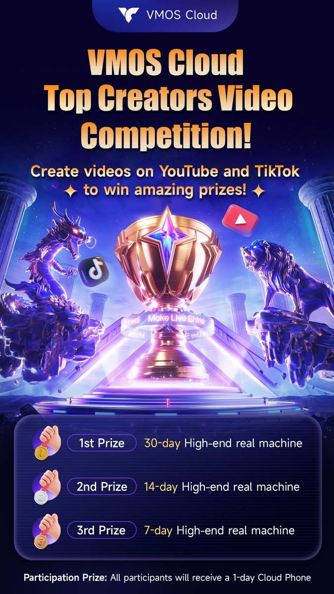 VMOSCloud's tweet image. 🎥 #VMOSCloud Top Creator Video Competition is Live! Show Your Creativity &amp;amp; Win Big! 💰

📢  inviting creators worldwide to showcase their creativity on #TikTok and #YouTube! Create original videos related to VMOS Cloud for a chance to win exclusive cloud device