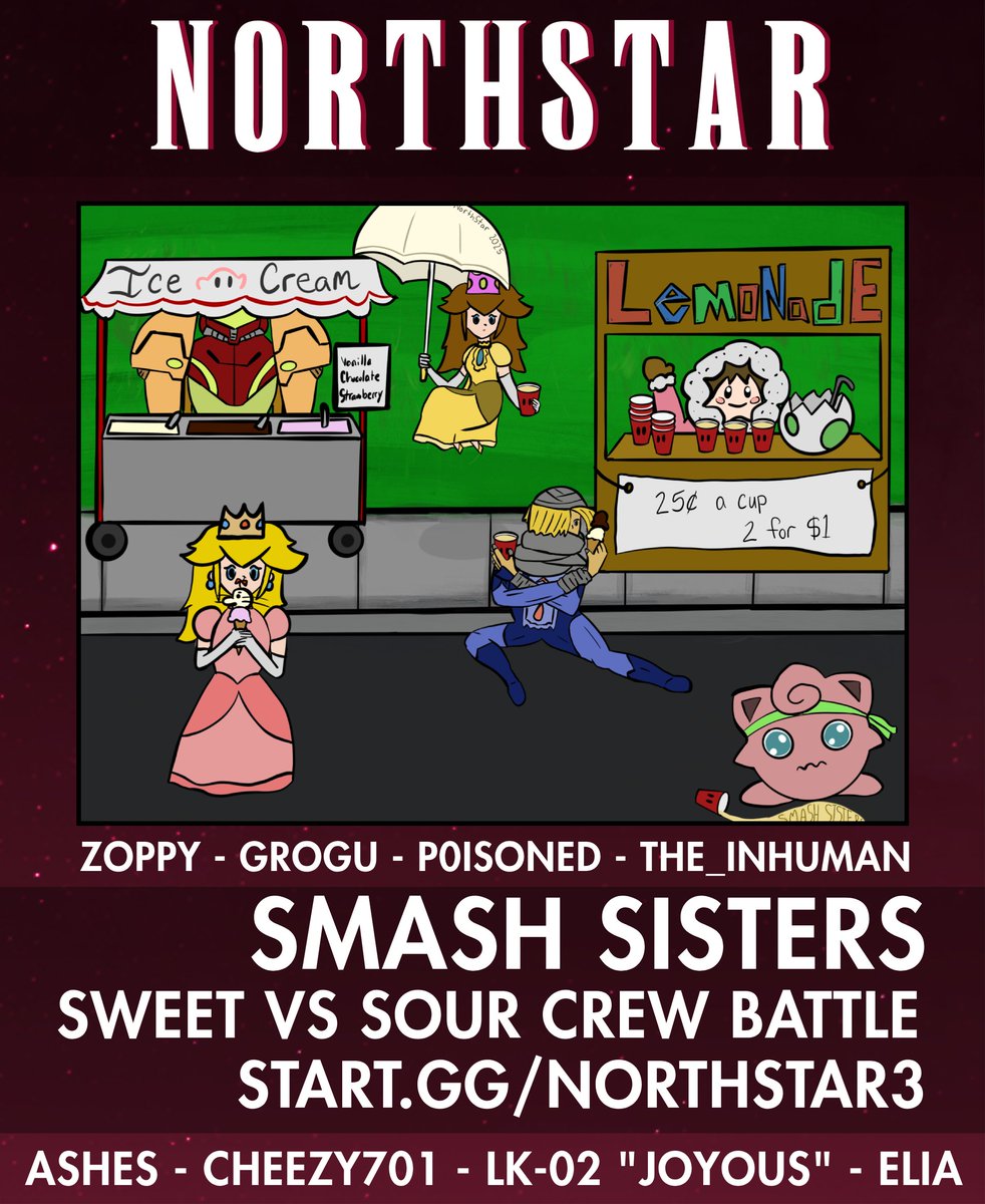 📢SURPRISE ANNOUNCEMENT!!!

⭐️Next weekend is Northstar III and we are proud to announce:

🎉Smash Sisters: Sweet VS Sour Crews!
- Free To Enter!
- All Skill Levels!
- Ladies Exclusive!
- Hit up <a href="/McKrunker/">McNutty</a> to enter!

💻Register here: start.gg/tournament/nor…