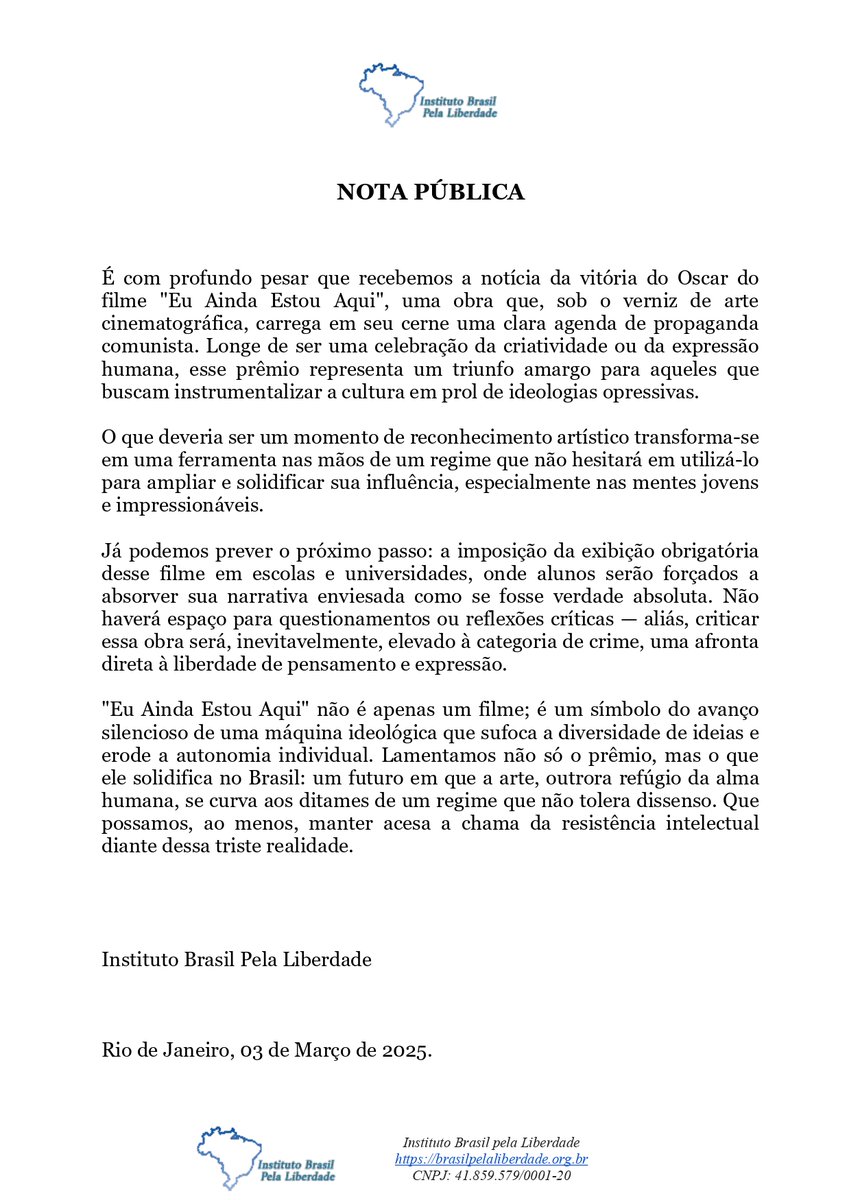 Nota pública sobre a vitória do Oscar para o filme "Ainda Estou Aqui".