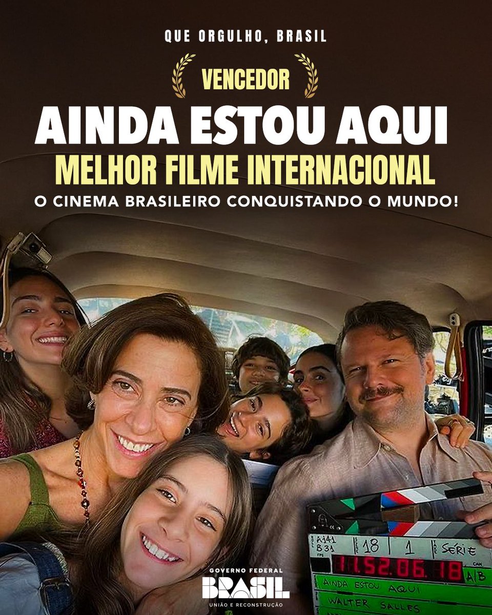 🌍 O Brasil faz história no Oscar! "Ainda Estou Aqui", de Walter Salles, acaba de vercer a categoria Melhor Filme Internacional, levando ao mundo uma obra poderosa baseada no livro de Marcelo Rubens Paiva.