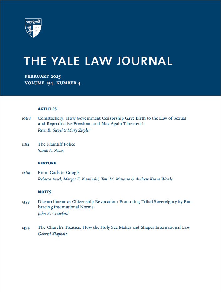 The Yale Law Journal (@yaleljournal) on Twitter photo Vol. 134, Issue 4 is live! With Articles by Reva B. Siegel (<a href="/YaleLawSch/">Yale Law School</a>) & <a href="/maryrziegler/">Mary Ziegler</a>, and by Sarah L. Swan (<a href="/RutgersLaw/">Rutgers Law ⚖️</a>); a Feature by <a href="/AvielRebecca/">Rebecca Aviel</a>, <a href="/MargotKaminski/">Margot Kaminski</a>, Toni M. Massaro (<a href="/uarizonalaw/">Univ. of Arizona Law</a>) & <a href="/andrewkwoods/">Andrew Keane Woods</a>; and Notes by YLS students John K. Crawford and <a href="/GKlapholz/">Gabriel Klapholz</a>. Vol. 134, Issue 4 is live! With Articles by Reva B. Siegel (<a href="/YaleLawSch/">Yale Law School</a>) & <a href="/maryrziegler/">Mary Ziegler</a>, and by Sarah L. Swan (<a href="/RutgersLaw/">Rutgers Law ⚖️</a>); a Feature by <a href="/AvielRebecca/">Rebecca Aviel</a>, <a href="/MargotKaminski/">Margot Kaminski</a>, Toni M. Massaro (<a href="/uarizonalaw/">Univ. of Arizona Law</a>) & <a href="/andrewkwoods/">Andrew Keane Woods</a>; and Notes by YLS students John K. Crawford and <a href="/GKlapholz/">Gabriel Klapholz</a>.