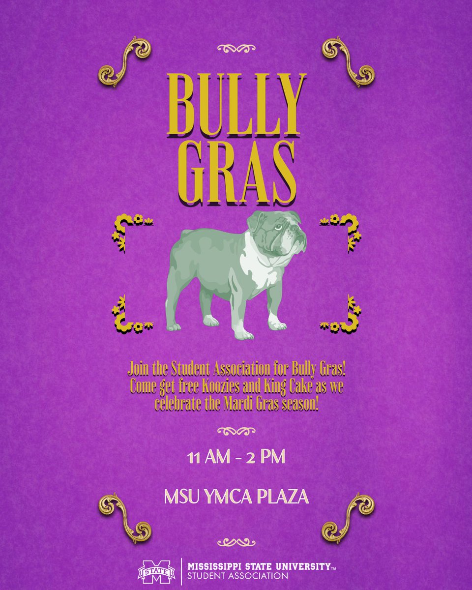 Join the Student Association for Bully Gras this Tuesday!!

Join us on the YMCA Plaza for 11 - 2 as we celebrate the Mardi Gras Season! We'll have free King Cake, free Koozies and a fun atmosphere for any and all students!

#HailState
#MSUSA
#MSState