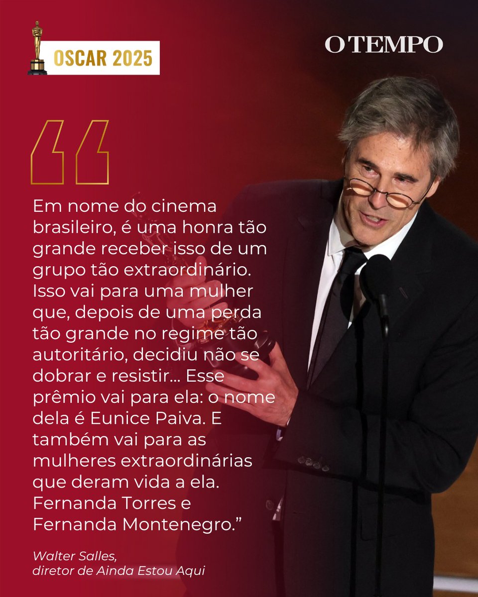 HISTÓRICO - O diretor Walter Salles, de “Ainda Estou Aqui”, discursou após o longa vencer o Oscar de Melhor Filme Estrangeiro. É a primeira vez que o Brasil vence uma estatueta.

No discurso, Salles agradeceu à Eunice Paiva, à Fernanda Torres e Fernanda Montenegro.

📸 KEVIN
