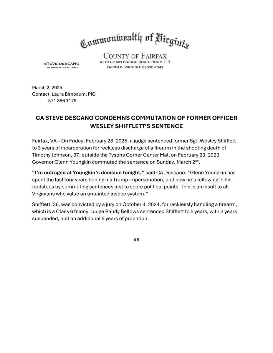 FairfaxCountyCA's tweet photo. A short while ago, Virginia Governor Glenn Youngkin commuted the sentence of former Sgt. Wesley Shifflett, who was sentenced to 3 years of incarceration on Friday.

"I'm outraged at Youngkin's decision tonight," said CA Descano.

(1/2) https://t.co/DWHpRBMupq