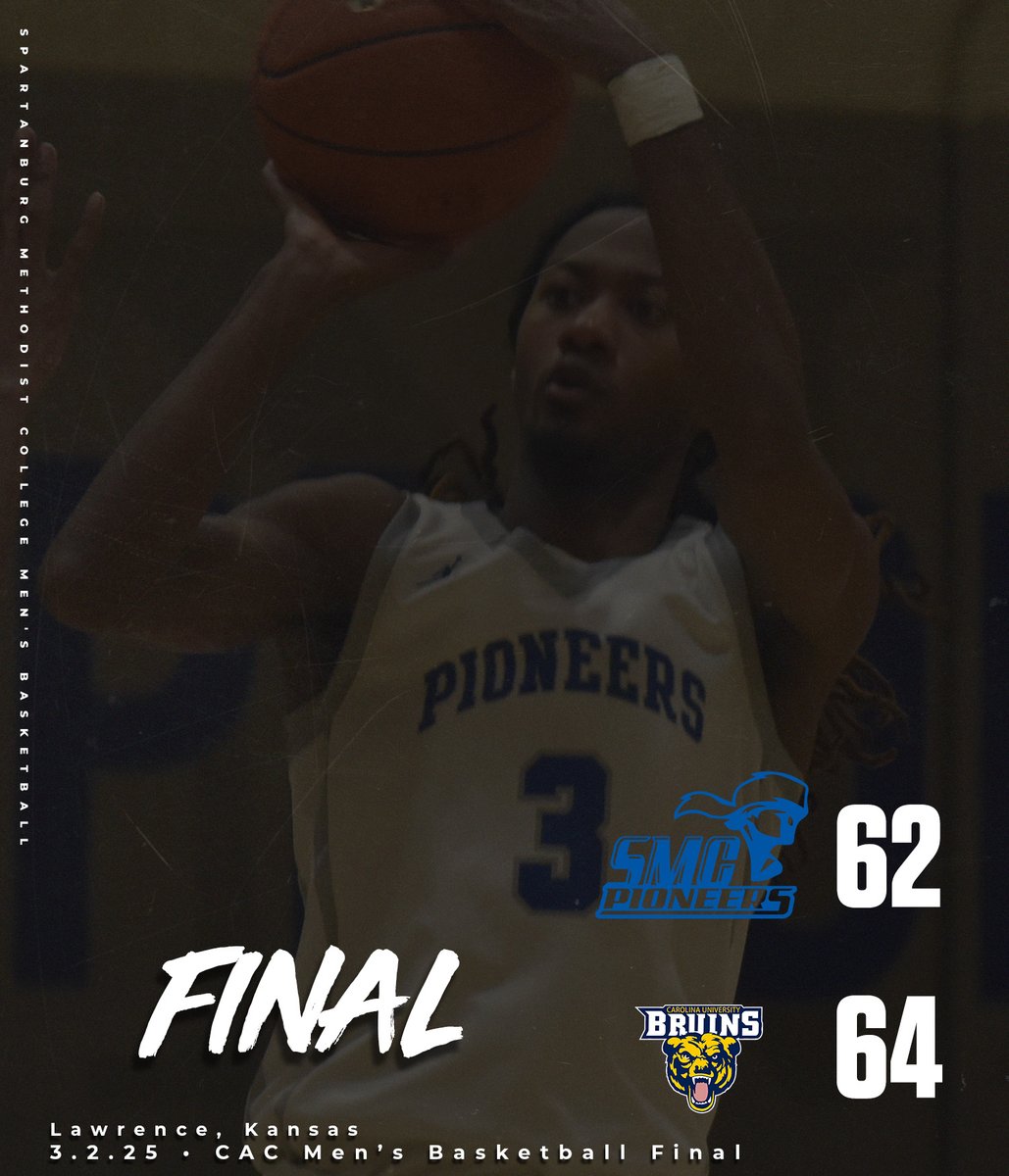 SMC PIONEERS (@gosmcpioneers) on Twitter photo Men's Basketball • 💔 • <a href="/GOSMCBASKETBALL/">Spartanburg Methodist College - Men’s Basketball</a> falls just short in the championship game of CAC Men's Basketball Tournament, losing to Carolina (NC), 64-62. #RollNeers #NAIAHoops Men's Basketball • 💔 • <a href="/GOSMCBASKETBALL/">Spartanburg Methodist College - Men’s Basketball</a> falls just short in the championship game of CAC Men's Basketball Tournament, losing to Carolina (NC), 64-62. #RollNeers #NAIAHoops