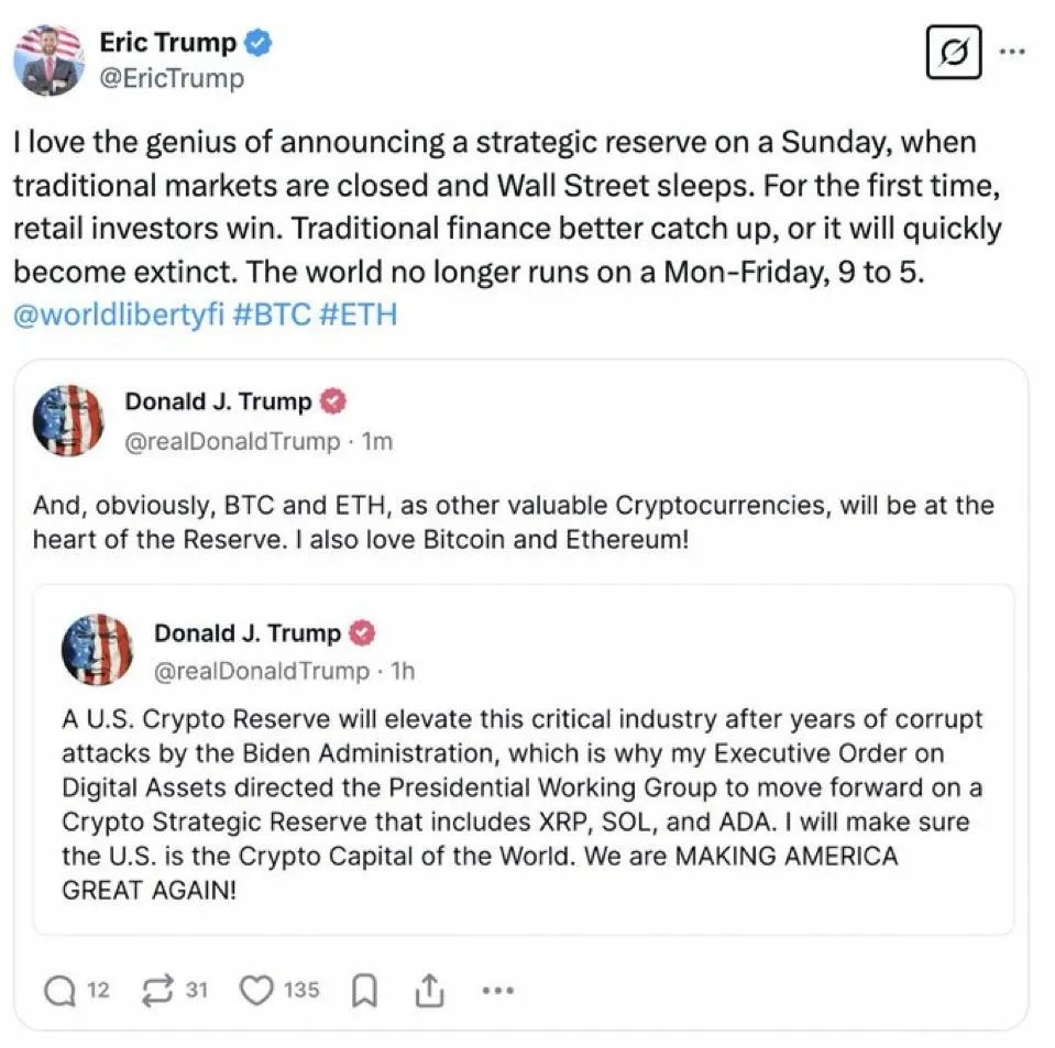 🚨 🇺🇸 ERIC TRUMP: "TRADITIONAL FINANCE WILL BECOME EXTINCT" WITHOUT CRYPTO

Eric Trump celebrated his father's Sunday crypto announcement as "genius" for giving retail investors a head start before markets open:

"For the first time, retail investors win"

The post throws down a