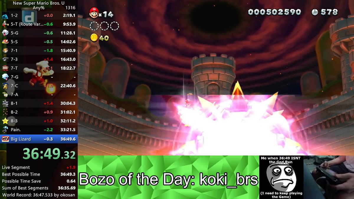 I have PBed in NSMBU!
Mistakes are
1 sec 5-T
0.75 sec 7-1
3 sec 7-3
1.5 sec 7-T
0.5 7-G
4 sec 8-C2 (3 to NSFW, 1 to Early Hit)

this run was randomly WR pace after hitting sparkle jump lol. Even with the big mistakes in 8-C2, it still ended up being a PB because of 349 Elevator!