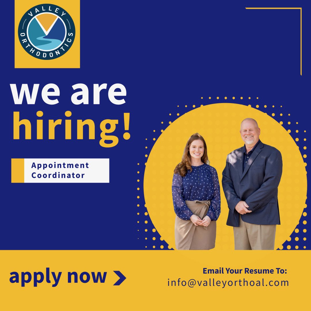 DrLewSample's tweet image. Exciting News!
We're on the lookout for a talented Appointment Coordinator to join our team!
If you're passionate about orthodontic care and have the skills we're looking for, send your resumes to info@valleyorthoal.com
Join us in creating beautiful smiles!