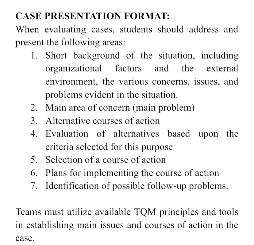 Subject: total quality management 

Case analysis 
to do: Evaluation of alternatives based upon the criteria selected for this purpose

DUE TONIGHT. 6pm 

#acadcommissioner
#commisioner