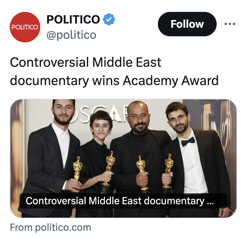 There's genuinely an unparalleled insanity in how mainstream institutions approach Palestine. Even after 16 months of Palestinians being starved, tortured, shot, bombed — on camera — *this* is how mainstream media describes a film covering a sliver of that much-broader reality: