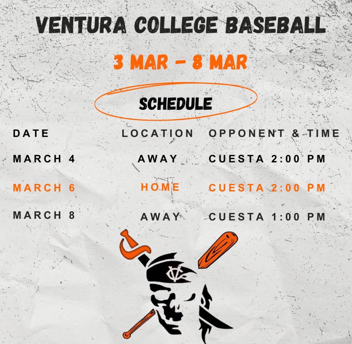 The Pirates will take on Cuesta this week.  We will be on the road Tuesday and Saturday.  Join us Thursday at Pirate Park, first pitch 2pm.  Go Bucs!🏴‍☠️