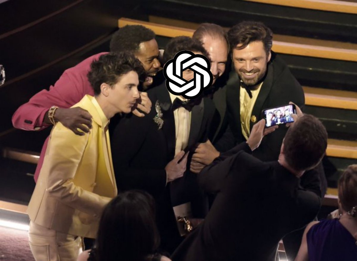 pausaand's tweet photo. new group photo of Thimothee Chalamet, Colman Domingo, Chat GPT, Ralph Fiennes and Sebastian Stan! https://t.co/yx7gxwS8zr