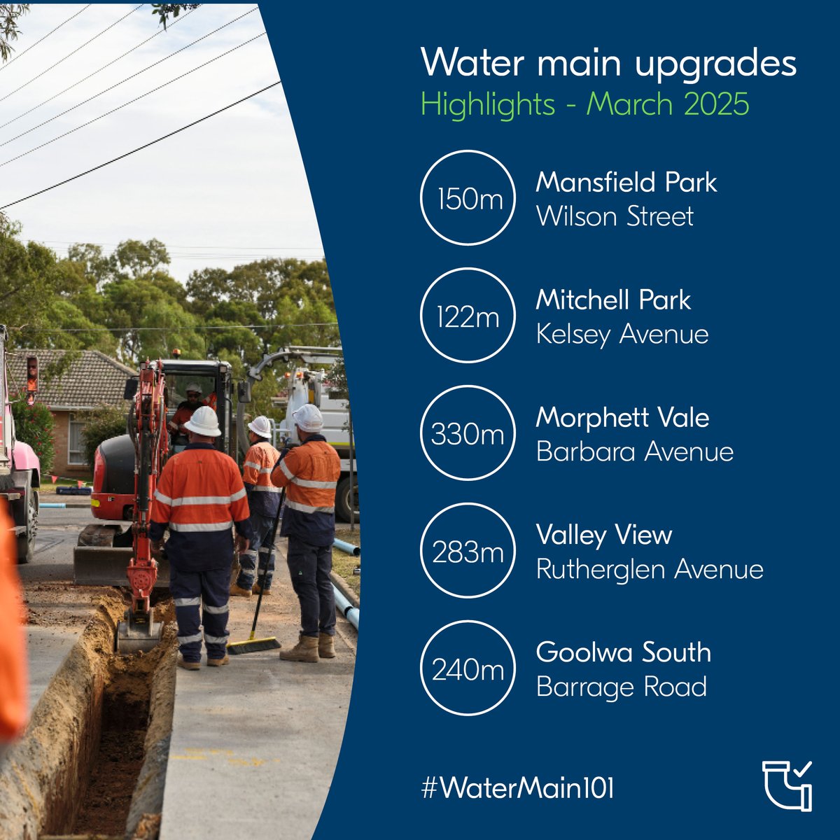We are marching new water mains into suburbs and towns right around South Australia this month. 💧

From Mansfield Park to Goolwa South, keep an eye out for our crews on the ground. 👷‍♀️