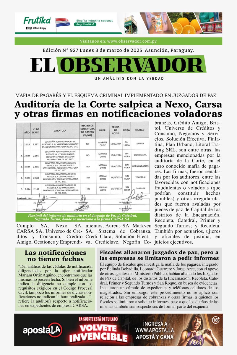¡Buenos días!

✅Compartimos con ustedes nuestra tapa🗞️

⛅Muy caluroso y húmedo, cielo parcialmente nublado a nublado, vientos del norte.

🌡️Max: 39°

📌Podes leernos en: observador.com.py