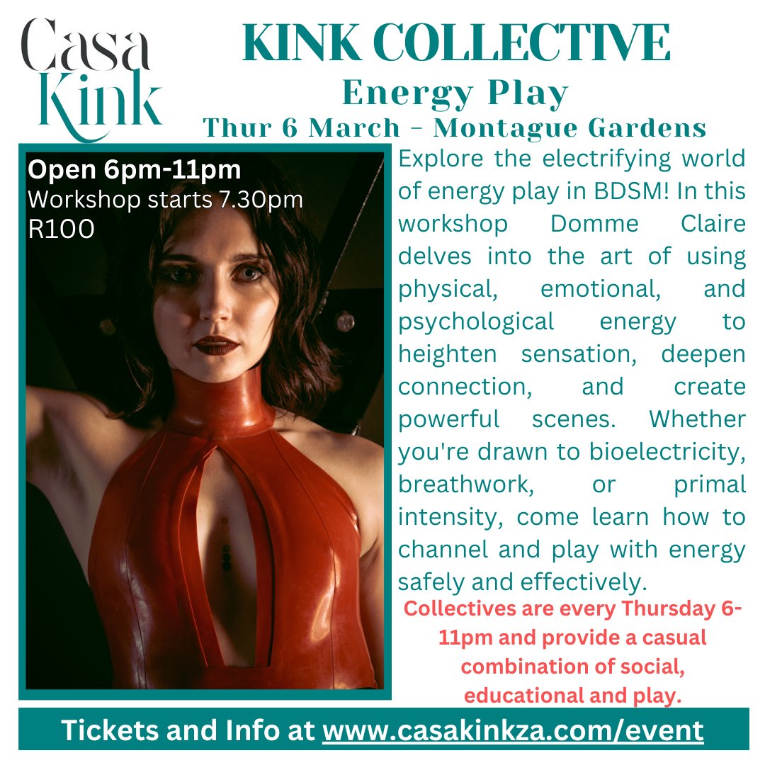 KinkCasaza's tweet photo. This week's collective we welcome @dommeclaireofficial who will be running an intro to energy play workshop.  Info and tickets at https://t.co/YI4GknabgV.
#dominatrix #EnergyPlay #BDSM #Kink #Dungeon https://t.co/PH1tDg5meE