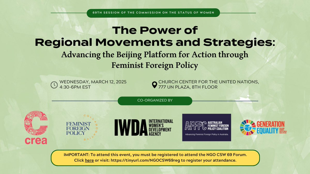 Attending #CSW69? Join us for an exciting parallel event on #FeministForeignPolicy, bringing together leaders from various regions to reflect on their #FFP practices, share lessons learned and build transnational solidarity. 

Register today at loom.ly/BplLi8c