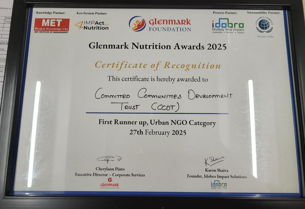 Thrilled to share that CCDT is 1st Runner-Up at the Glenmark Nutrition Awards 2025 for our Maternal &amp; Child Health Programs! Grateful to our team, partners &amp; supporters

<a href="/RISEInfinityF/">RISE Infinity Foundation</a> <a href="/glenmarkpharma/">glenmark</a> <a href="/IdobroImpact/">Idobro</a> 

#GlenmarkNutritionAwards #HealthForAll #CommunityImpact #CCDT