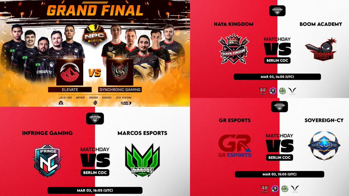 BERLIN COC (@berlin_coc) on Twitter photo MATCH DAY
⏲️14.05 UTC , 15.05 , 16.05 , 17.05 UTC
🏆Itzzzhenri Cup Round16
HAYA KINGDOM vs Boom Academy
GR ESPORTS vs Sovereign-CY
INFRINGE GAMING vs Marcos Esports
🏆NPC CUP Gran Final
ELEVATE vs Synchronic Gaming
<a href="/haya_kingdom_/">HAYA KINGDOM</a>
youtube.com/live/7yxk1EW7u… MATCH DAY
⏲️14.05 UTC , 15.05 , 16.05 , 17.05 UTC
🏆Itzzzhenri Cup Round16
HAYA KINGDOM vs Boom Academy
GR ESPORTS vs Sovereign-CY
INFRINGE GAMING vs Marcos Esports
🏆NPC CUP Gran Final
ELEVATE vs Synchronic Gaming
<a href="/haya_kingdom_/">HAYA KINGDOM</a>
youtube.com/live/7yxk1EW7u…