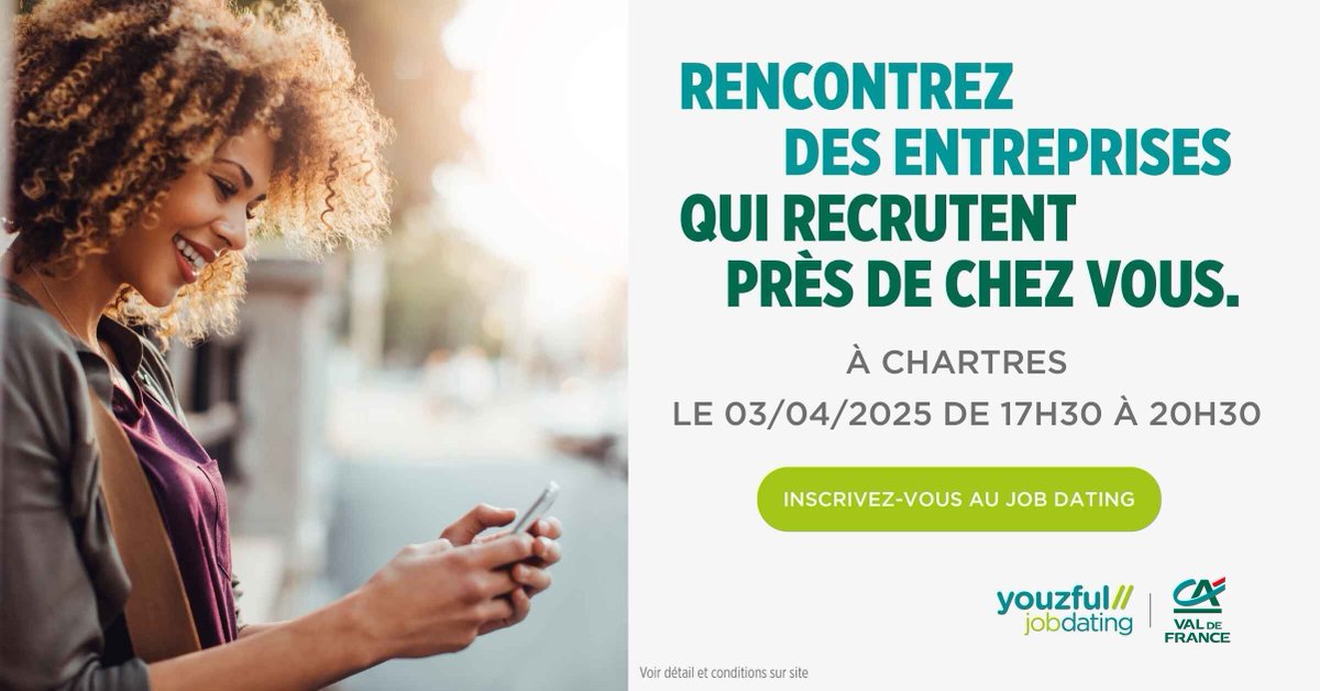WIZBII (@wizbii) on Twitter photo Vous cherchez un emploi près de chez vous ? 🌍 Venez à notre Job Dating à Chartres le jeudi 3 avril, avec <a href="/creditagricole/">Crédit Agricole</a> Val de France ! Ambiance détendue, échanges avec des recruteurs et opportunités à saisir. Préinscription 👉 eu1.hubs.ly/H0hcFq90 Vous cherchez un emploi près de chez vous ? 🌍 Venez à notre Job Dating à Chartres le jeudi 3 avril, avec <a href="/creditagricole/">Crédit Agricole</a> Val de France ! Ambiance détendue, échanges avec des recruteurs et opportunités à saisir. Préinscription 👉 eu1.hubs.ly/H0hcFq90