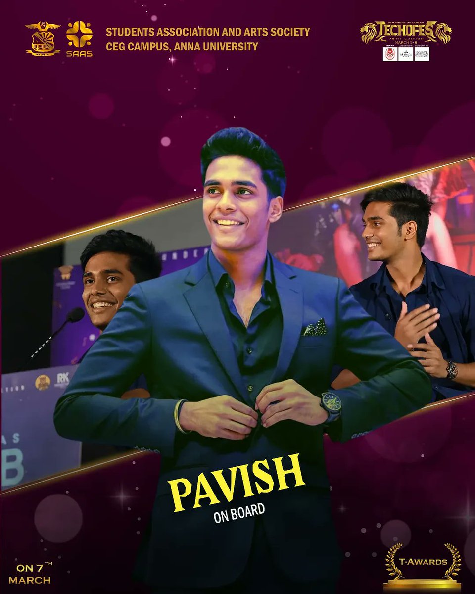 Chowdrey_Pro's tweet image. SAAS&apos;25 welcomes the talented #Pavish to Techofes &apos;78! 

Known for his stellar performance in #NilavukuEnmelEnnadiKobam , Pavish has captivated audiences with his natural screen presence and impeccable acting! His journey in cinema is a testament to passion and talent! 🎞️💫…