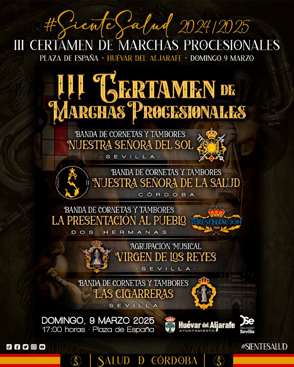 🗓️ | 𝐂𝐎𝐍𝐂𝐈𝐄𝐑𝐓𝐎

Este domingo 9 de marzo, estaremos en Huévar del Aljarafe participando en el III Certamen de Marchas Procesionales.

#SɪᴇɴᴛᴇSᴀʟᴜᴅ