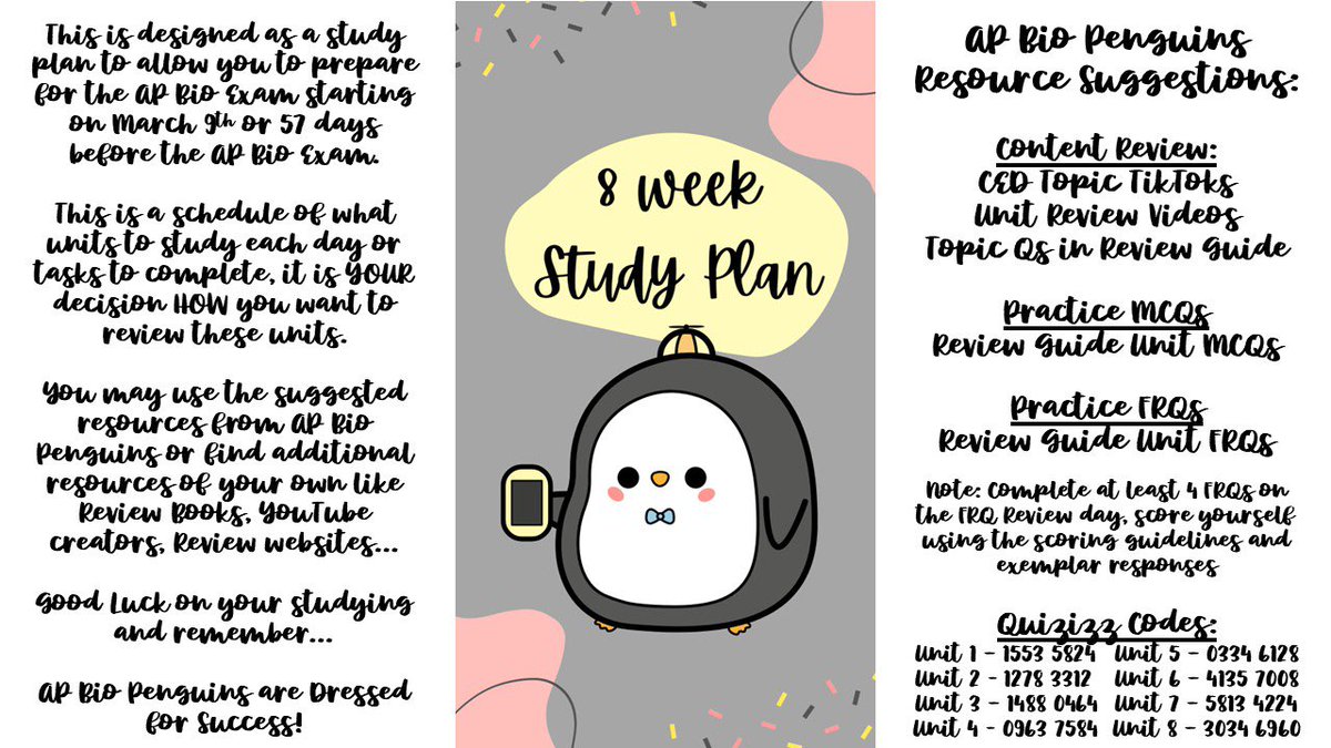 apbiopenguins's tweet image. The AP Bio exam is in 9 weeks! If you want to be able to study a unit a week then have a week for quick review, start TODAY 🤩

Here’s the 8 week study plan, but shift it up a week to start TODAY.

apbiopenguins.weebly.com/8-weeks-until-…

#apbio #apbiology #apexams2025 #apexams