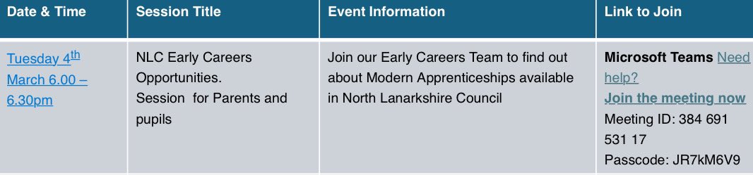 CaldervaleDYW (@caldervaledyw) on Twitter photo ✨Happy Scottish Apprenticeship Week✨
Join the NLC Early Careers team tomorrow night using the details below to find out about Modern Apprenticeships in the local area 👇🏻
<a href="/CaldervaleHigh/">Caldervale High</a>
<a href="/CVPupilSupport/">Caldervale Pupil Support</a>
<a href="/DYWLED/">DYW Lanarkshire & East Dunbartonshire</a>
<a href="/nlcpeople/">NorthLanCouncil</a> ✨Happy Scottish Apprenticeship Week✨
Join the NLC Early Careers team tomorrow night using the details below to find out about Modern Apprenticeships in the local area 👇🏻
<a href="/CaldervaleHigh/">Caldervale High</a>
<a href="/CVPupilSupport/">Caldervale Pupil Support</a>
<a href="/DYWLED/">DYW Lanarkshire & East Dunbartonshire</a>
<a href="/nlcpeople/">NorthLanCouncil</a>