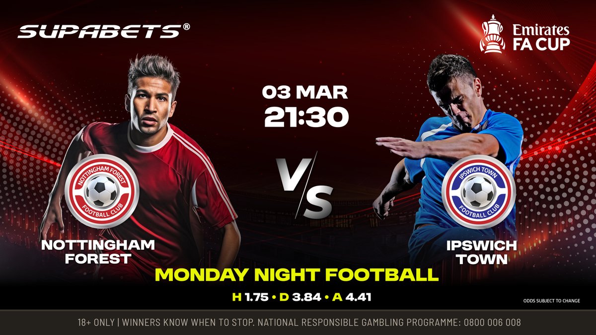 Supabets_mzansi's tweet image. MNF action ahead will see whether Forest or Ipswich will face Brighton in the 1/4 finals of the FA Cup🏆GET YOUR BETS IN RIGHT NOW😉
#MNF #FACup #NOTIPS #Supabets

⚽ co.pulse.ly/vqeveycewf
