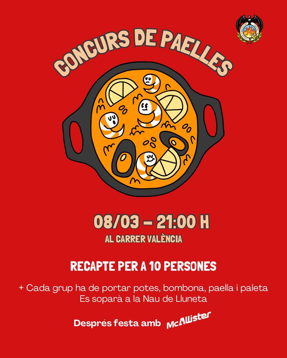 CONCURS DE PAELLES🥘

🗓️ Dissabte 8 de març

🕠: 21:00 h palles al foc

📍: c/València

Concurs de paelles, sopar, disc-mòbil i barra lliure

🎟️ Més informació: dimecres 5 i dijous 6 de març de 20 a 21 h al casal faller

➡️ Cada grup ha de portar potes, bombona, paella i paleta