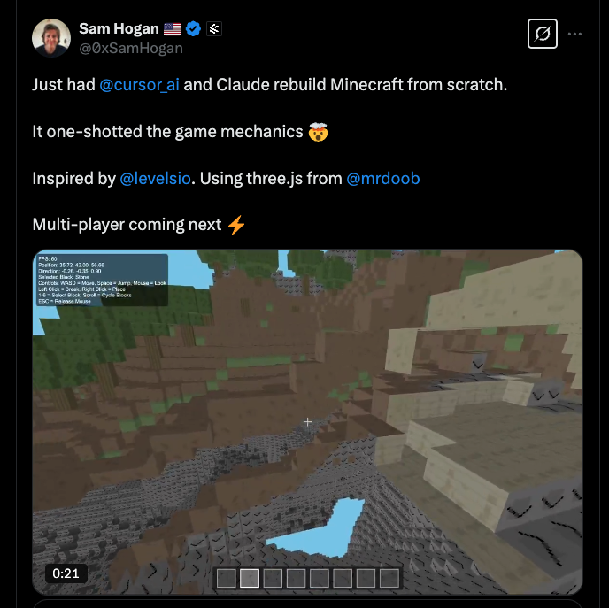 yoavgo's tweet image. &quot;I used AI to create Minecraft from scratch!&quot;
&quot;It is just a few hundred lines!&quot;

pretty much sums the hype around AI replacing software devs.