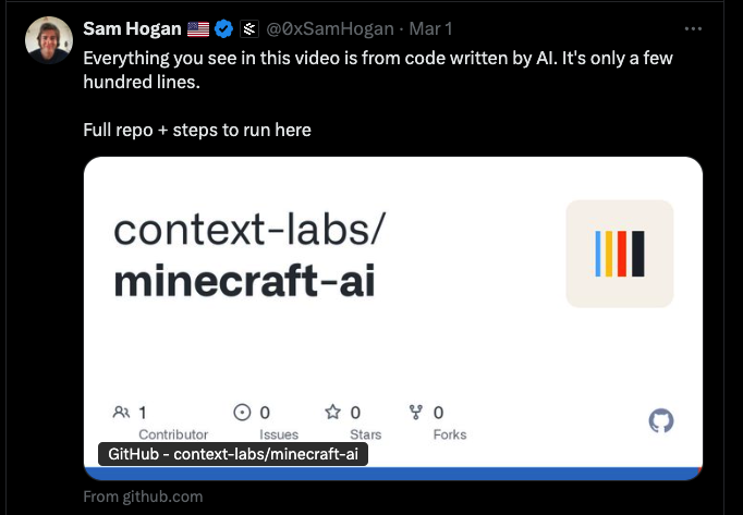 yoavgo's tweet image. &quot;I used AI to create Minecraft from scratch!&quot;
&quot;It is just a few hundred lines!&quot;

pretty much sums the hype around AI replacing software devs.