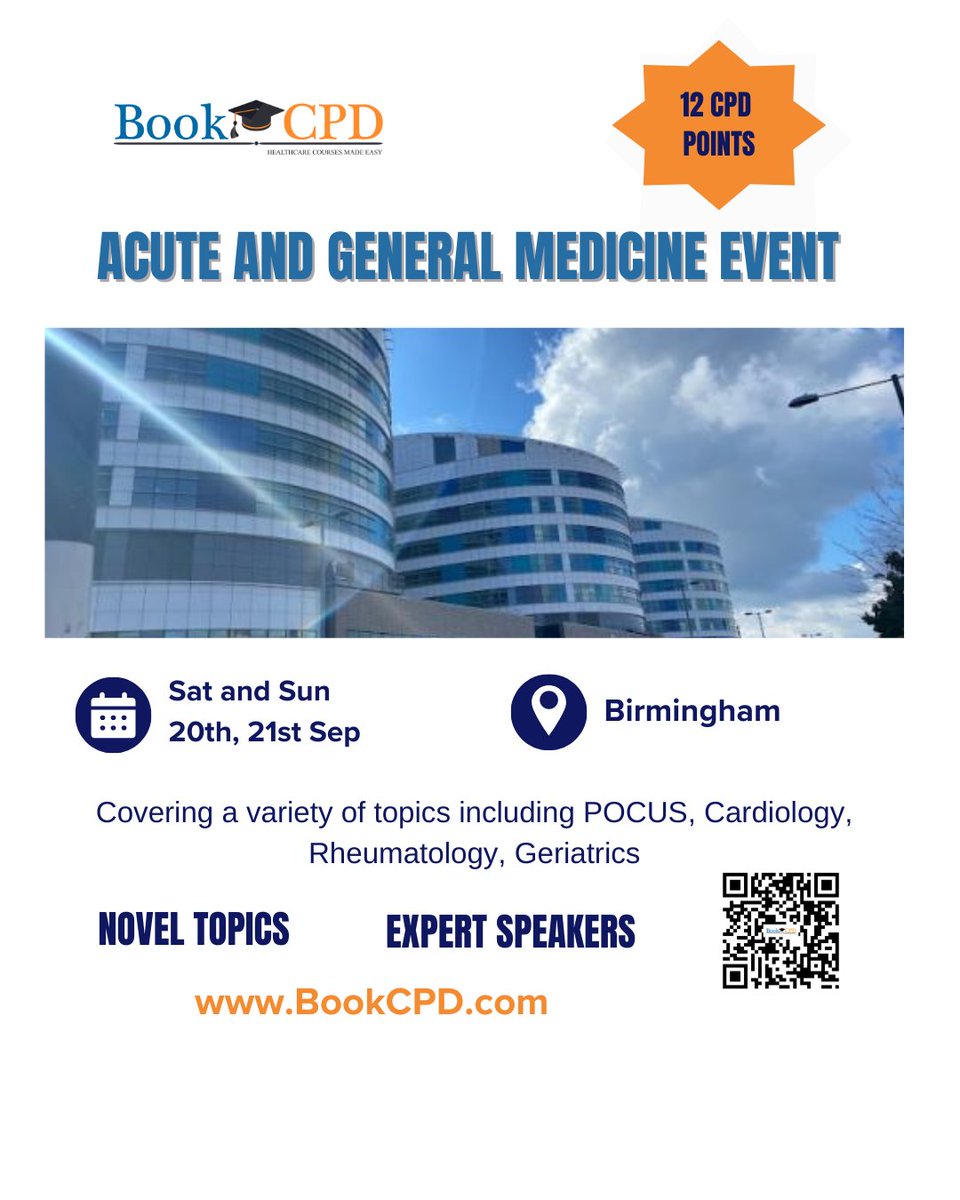 ACUTE AND GENERAL MEDICINE EVENT - SEP 2025

20-21 Sep 2025 at the Queen Elizabeth Hospital, Birmingham, UK

12 External CPD for 2 days

Early bird - GBP 200

Visit bookcpd.com to book! 

#acutemedicine #medicine #Birmingham