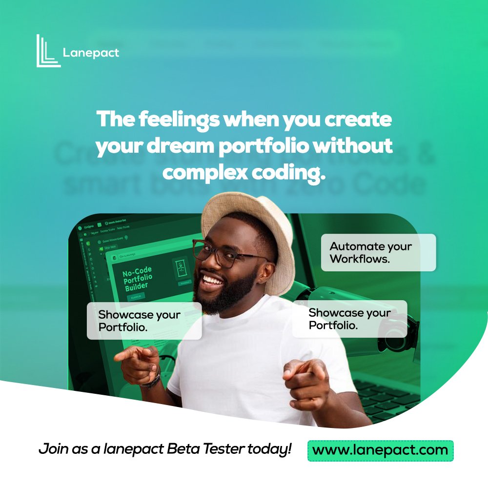 lanepact's tweet image. Imagine creating your dream portfolio—without touching a single line of code! 
At Lanepact, we’re all about simplicity, creativity, and seamless portfolio building. Stay tuned for what’s next!
#Lanepact #NoCodeSolutions #DreamPortfolio #CreativeInnovation #BuildWithEase