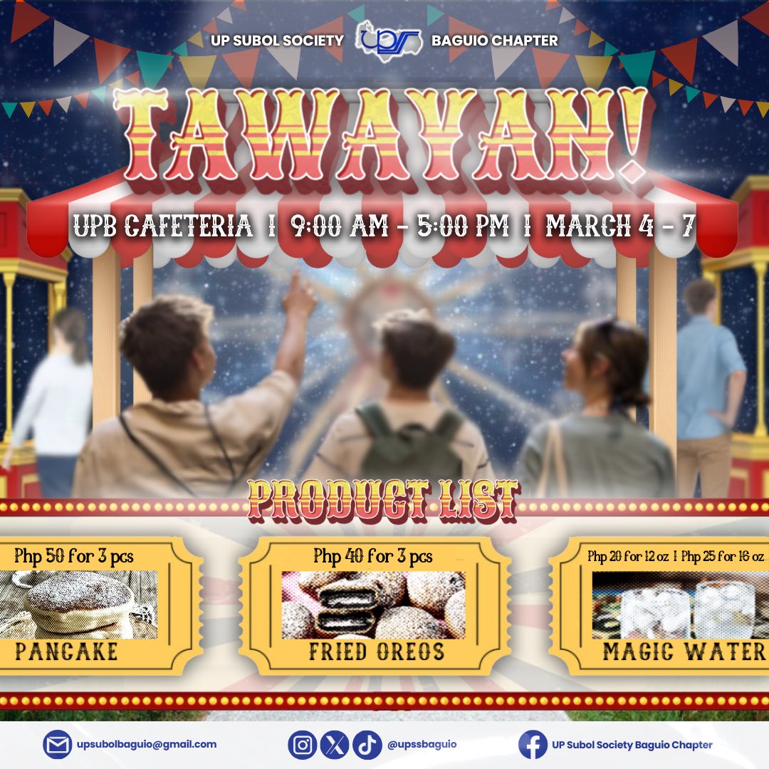 upssbaguio's tweet photo. Step into the magic of 𝐓𝐀𝐖𝐀𝐘𝐀𝐍—a place where every bite feels like a ride through a whimsical carnival! ✨

TAWAYAN is a Pangasinan term which means "𝐓𝐢𝐭𝐢𝐤𝐦𝐚𝐧", kung saan talaga namang matitikman mo na ang iba’t ibang mga panindang iyong babalik-balikan! 🎟️ https://t.co/91bXlXJ13O