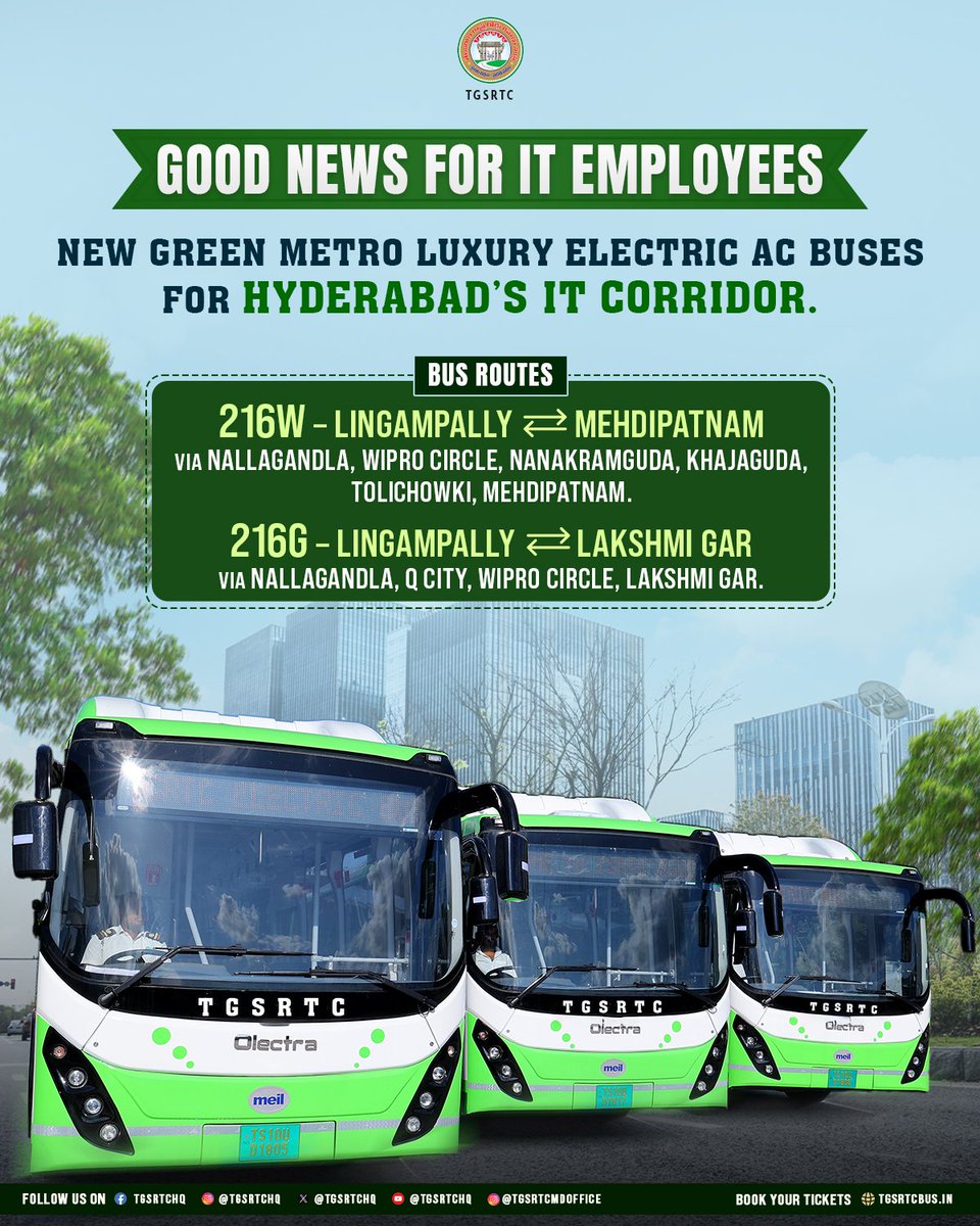 Good news for #Hyderabad IT employees! 🎉 

#TGSRTC introduces six Green Metro Luxury Electric AC buses for IT corridor commuters! 🚌  

Comfortable and eco-friendly travel for IT professionals. 

<a href="/TGSRTCHQ/">TGSRTC</a> 
#Hyderabad #IT #Travel #Buses #GreenEnergy #technology