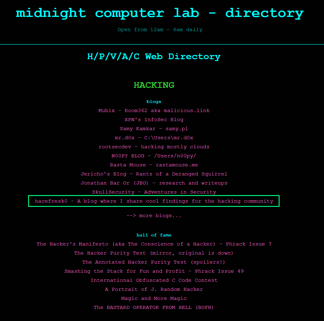 My blog is now proudly featured in the Midnight computer lab!
Thanks a lot <a href="/nyxgeek/">nyxgeek</a> :D
Check it out here:
midnightcomputerlab.net/directory/