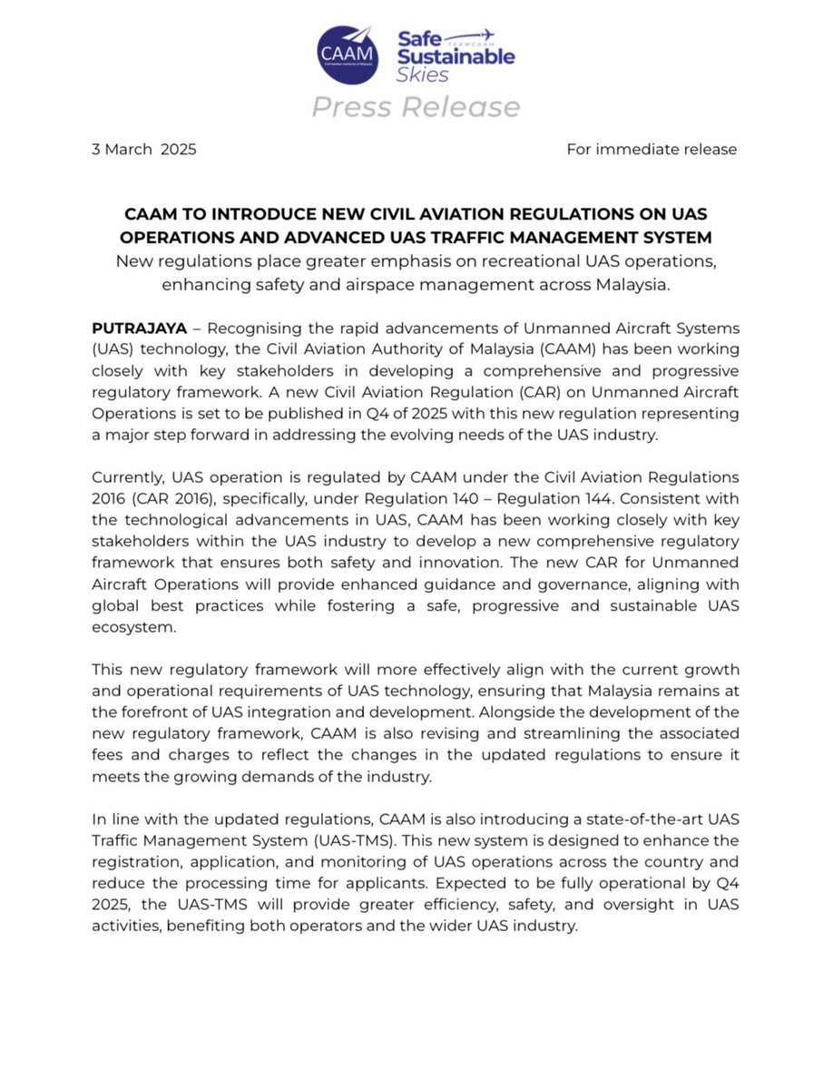 CAA_Malaysia's tweet photo. #PressRelease | 3 March 2025

CAAM to Introduce New Civil Aviation Regulations on UAS Operations and Advanced UAS Traffic Management System https://t.co/TFKvDH9jdI