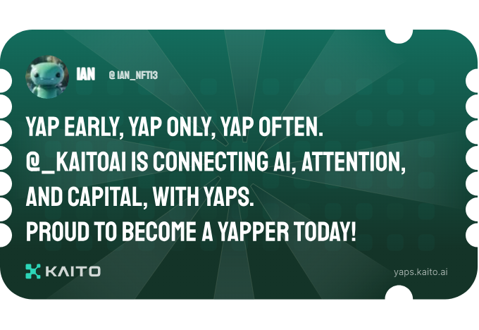 IAN (@ian_nft13) on Twitter photo Yap early, yap only, yap often.
<a href="/KaitoAI/">Kaito AI π</a> is connecting AI, attention and capital with Yaps.
Just claimed my social card and I'm accumulating Yap points in real-time.
Claim yours π yaps.kaito.ai/referral/14225β¦ Yap early, yap only, yap often.
<a href="/KaitoAI/">Kaito AI π</a> is connecting AI, attention and capital with Yaps.
Just claimed my social card and I'm accumulating Yap points in real-time.
Claim yours π yaps.kaito.ai/referral/14225β¦