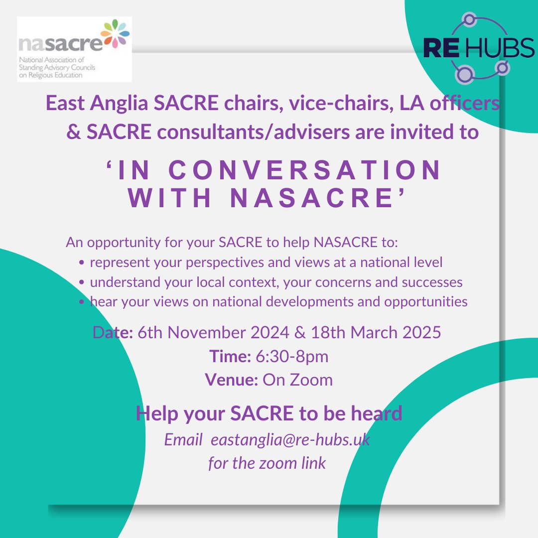 The next 'In Conversation with NASACRE' event for East Anglia is coming soon.

This is for SACRE chairs, vice-chairs, LA officers &amp; SACRE consultants/advisers in the East Anglia Hub area.

Book your place by emailing eastanglia@re-hubs.uk 

<a href="/NASACRE/">NASACRE</a> <a href="/areiac/">AREIAC</a> <a href="/NATREupdate/">NATRE</a>