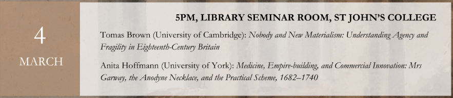 Long Eighteenth Century Cambridge (@18thcentury_cam) on Twitter photo We have two exciting papers coming up tomorrow from Tomas Brown (Cambridge) <a href="/tomasbnbrown/">Tomas Brown</a> and Anita Hoffmann (York) <a href="/17CMedicalWomen/">The Apothecary's Wife</a> – join us at 5 pm in the Library Seminar Room at St John's College! Followed by drinks and dinner...! We have two exciting papers coming up tomorrow from Tomas Brown (Cambridge) <a href="/tomasbnbrown/">Tomas Brown</a> and Anita Hoffmann (York) <a href="/17CMedicalWomen/">The Apothecary's Wife</a> – join us at 5 pm in the Library Seminar Room at St John's College! Followed by drinks and dinner...!