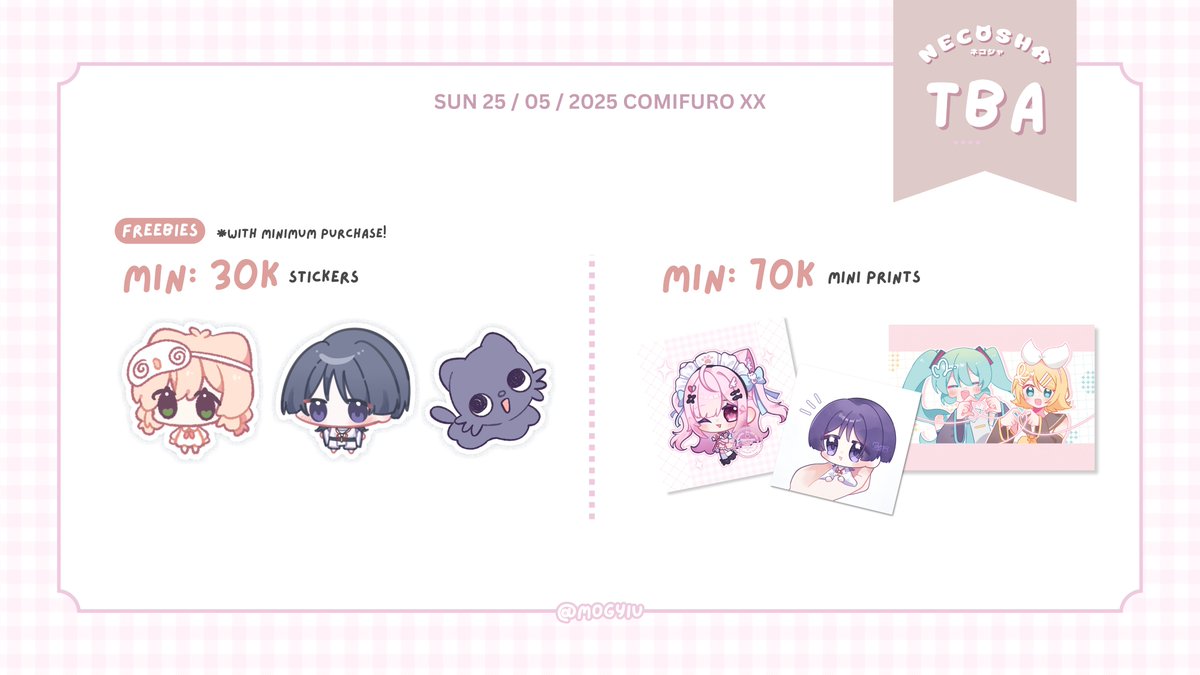 mogyiu's tweet image. ꒰ 🔄 + 🩷 are very appreciated! ꒱
mogyiu&apos;s #cfxx batch 1 PO is open ദ്ദി＞ᴗ＜)✧

— — — — ˗ˋ ୨୧ ˊ˗ — — — —
🎀 genshin/vocaloid/hololive/original
📅 3 - 9 march
📦 pick up (day 2) / mail
🛒 necosha.carrd.co
— — — — ˗ˋ ୨୧ ˊ˗ — — — —

#comifuroxx #comifuro20 #cf20