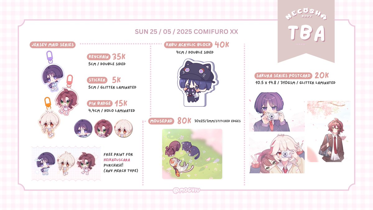 mogyiu's tweet image. ꒰ 🔄 + 🩷 are very appreciated! ꒱
mogyiu&apos;s #cfxx batch 1 PO is open ദ്ദി＞ᴗ＜)✧

— — — — ˗ˋ ୨୧ ˊ˗ — — — —
🎀 genshin/vocaloid/hololive/original
📅 3 - 9 march
📦 pick up (day 2) / mail
🛒 necosha.carrd.co
— — — — ˗ˋ ୨୧ ˊ˗ — — — —

#comifuroxx #comifuro20 #cf20