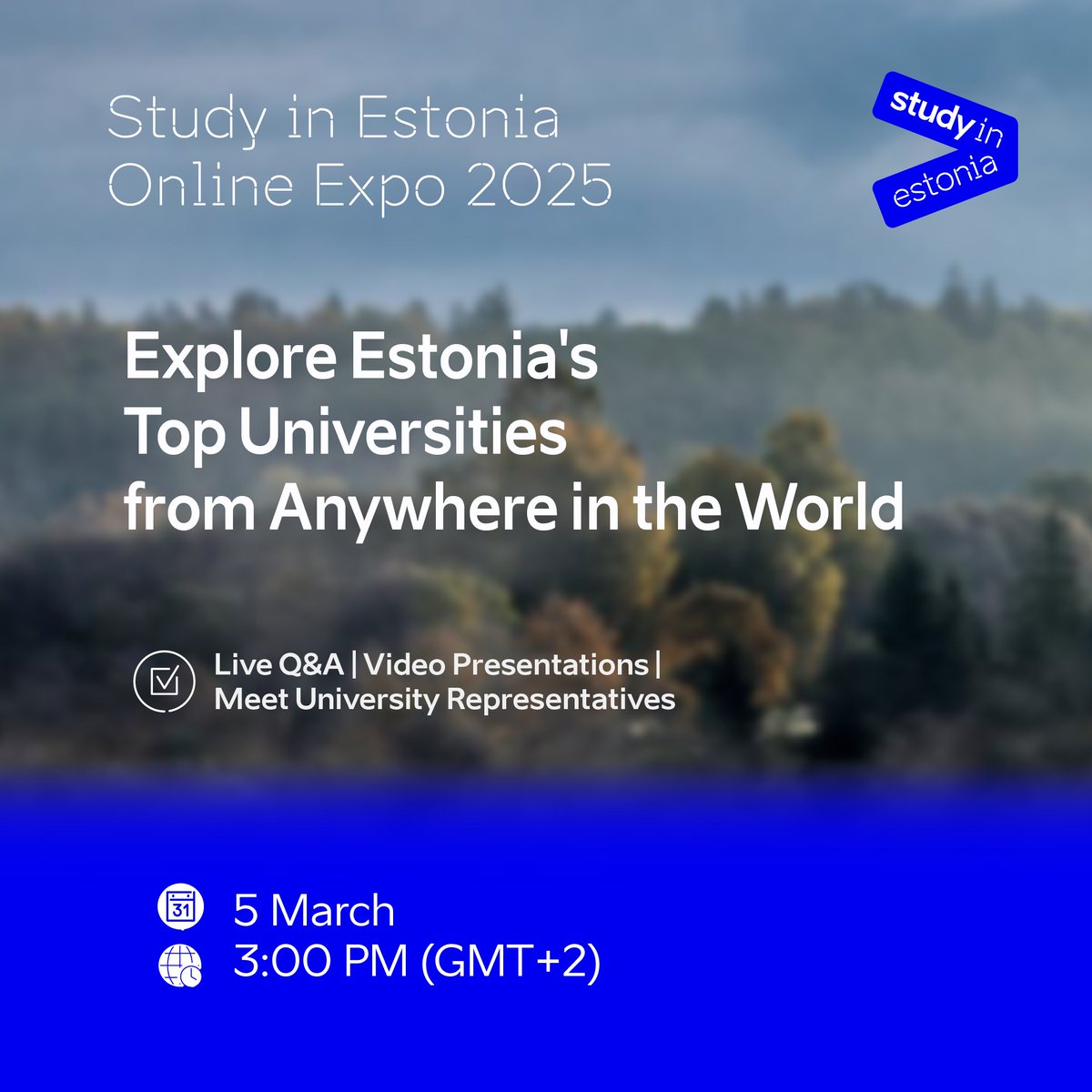 Come and join us! March 5! 
Please share with your friends as well 🌍
onlineexpo.com/en/eduexpo/
We are happy to invite you to an online event where you can hear about the study programmes for international students, admissions, studying and living in Estonia.
#studyinestonia